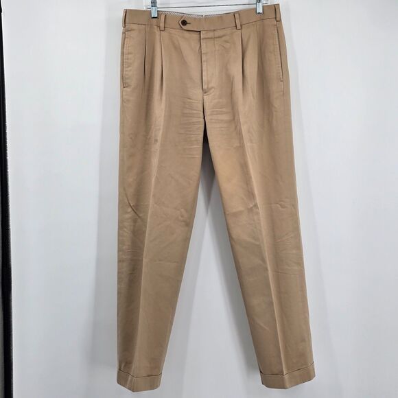 Brooks Brother Country Club Madison Pants 35x32 Khaki Pleated Cuffed - Picture 2 of 8